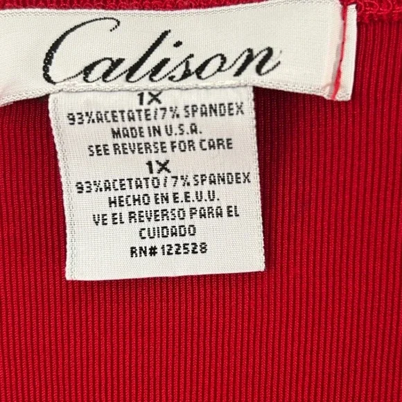 Vintage Calison Women's 1X Red Ribbed Scoop Neck 3/4 Sleeve Top Holiday Glam - Picture 4 of 7